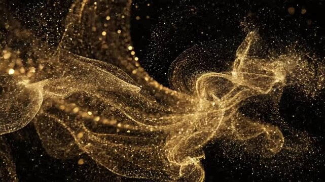 Motion gold particles and flashing light animation on black background for creative projects