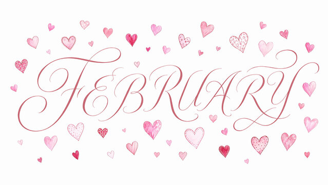February with Pink Watercolor Hearts
