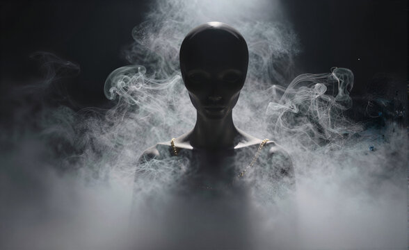 Mysterious Alien Creature Silhouette Standing In A Smoky Dimly Lit Interrogation Room With Dramatic Overhead Light