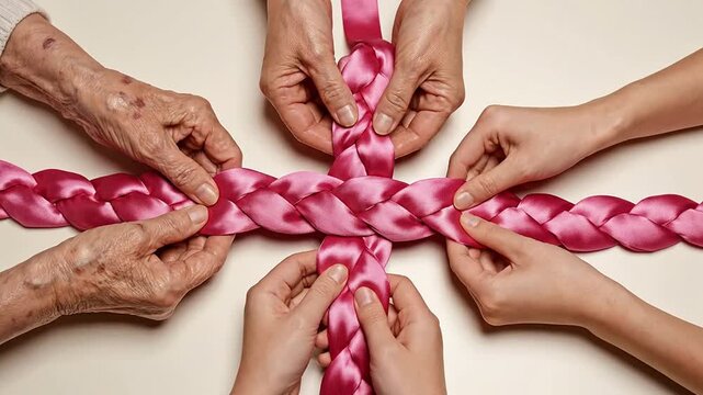 Close-Up Of Pink Ribbon Fabric Being Braided By Multiple Pairs Of Hands Representing Teamwork And Creativity