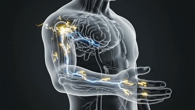 Conceptual Illustration of Parkinson's Disease Motor Circuit with Transparent Human Body Highlighting Neural Pathways and Brain Interaction
