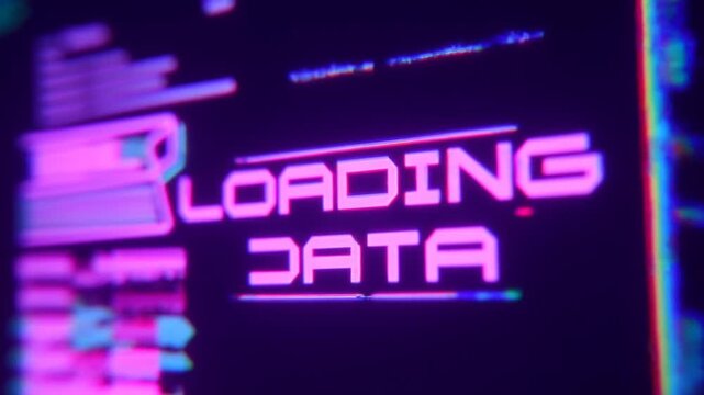 Slow zoom close up of neon loading data text on glitchy digital interface screen with magenta cyan chromatic distortion