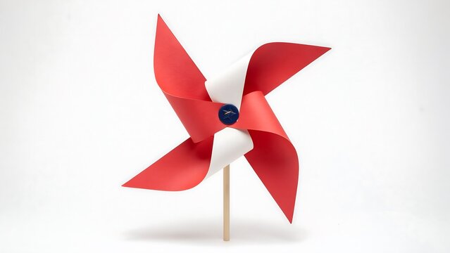Red and white paper pinwheel on wooden stick, classic toy windmill isolated on white background, colorful spinning wind vane for childhood concept