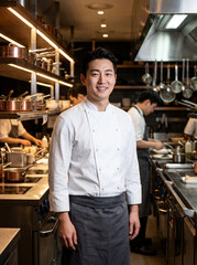 Fototapeta premium Professional Korean male chef smiling in modern restaurant kitchen