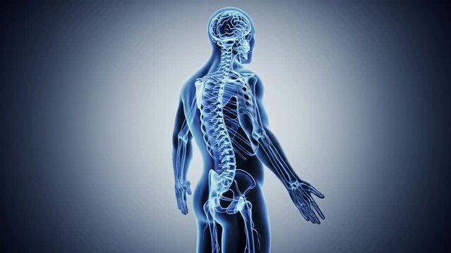 Digital Human Figure With Neurological Diagnostics Displaying Transparent Full Body Anatomy Against Dark Background