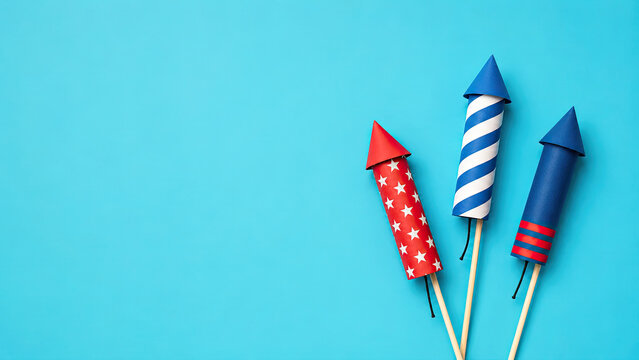 Independence day usa celebration festive fireworks rockets on blue background