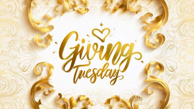 Golden ornate frame surrounds elegant cursive "Giving Tuesday" text. Decorative swirls highlight festive, charitable theme. Ideal for charity events, donation campaigns, or holiday fundraising