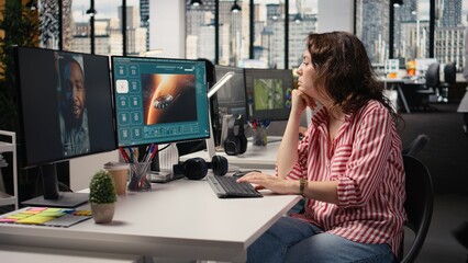 Woman using text to video for realistic materials of Mars orbit generating, writing prompts. © DC Studio