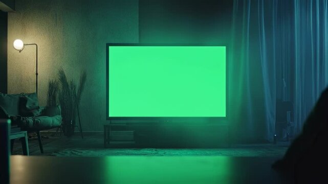 Cozy living room with a green screen TV and ambient lighting