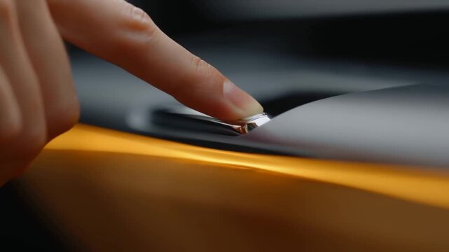 Tracking close up shot of finger pressing car interior button on illuminated leather center console with warm orange accent lighting