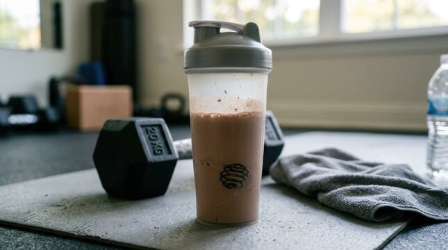 Protein creatine monohydrate powder shake in fitness environment next to dumbbell and towel  