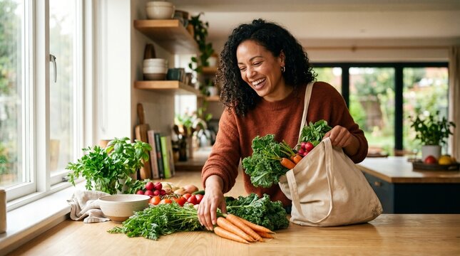 Happy woman unpacking fresh organic vegetables from reusable shopping bag in a bright kitchen ESG, sustainability and environment concept