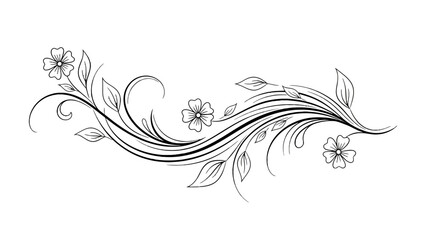 Fototapeta premium Delicate Black and White Floral Scroll with Thin Lines, Swirls and Small Flowers on Isolated White Background