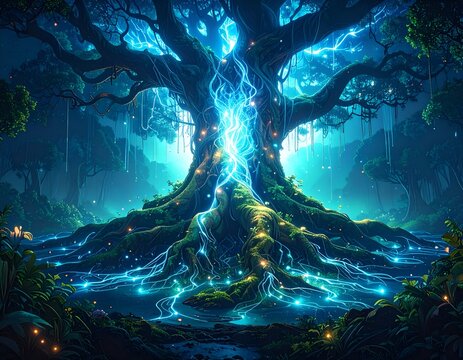 Ancient trees emit a blue light, creating a radiant network that connects the spirit of the trees to the surrounding ecosystem.