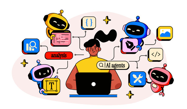 Characters using ai services for programming, vibe coding, application interface development. User at a laptop surrounded by robots, digital assistance and automation concepts. Vector illustration