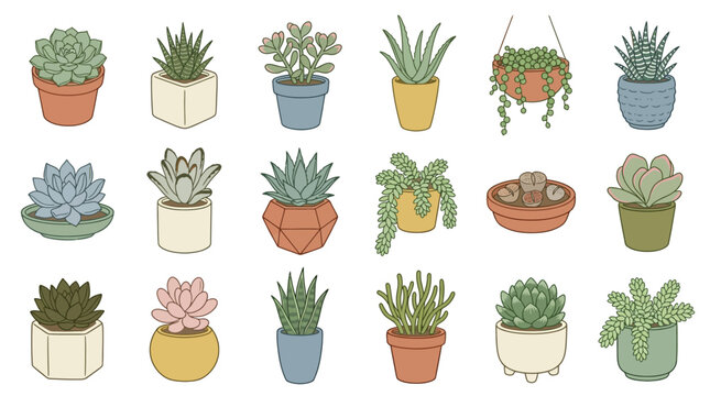 Collection of various potted succulent plants in different shapes and colors, isolated on a white background.