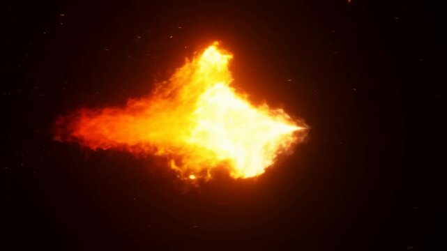 Tracking slow motion shot of fireball expanding and trailing sparks in dark space void with glowing orange yellow flame