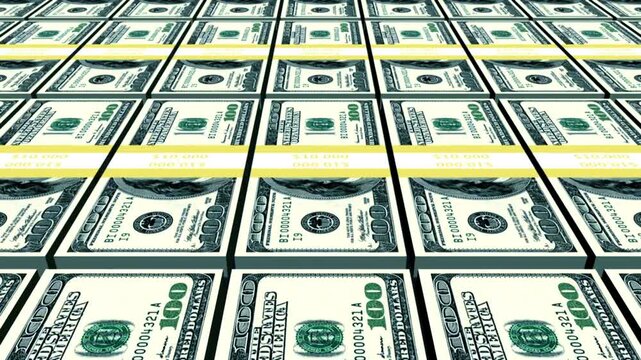 Bundles of money tracking animation cash stack 3D rendering loop in 4K Ultra HD footage.
