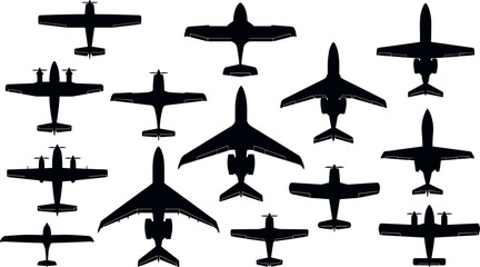 Airplane Top View Silhouette Set with Commercial Airliners Private Jets Cargo Planes and Propeller Aircraft for Airport Flight Map Vector Designs © DarparajDab