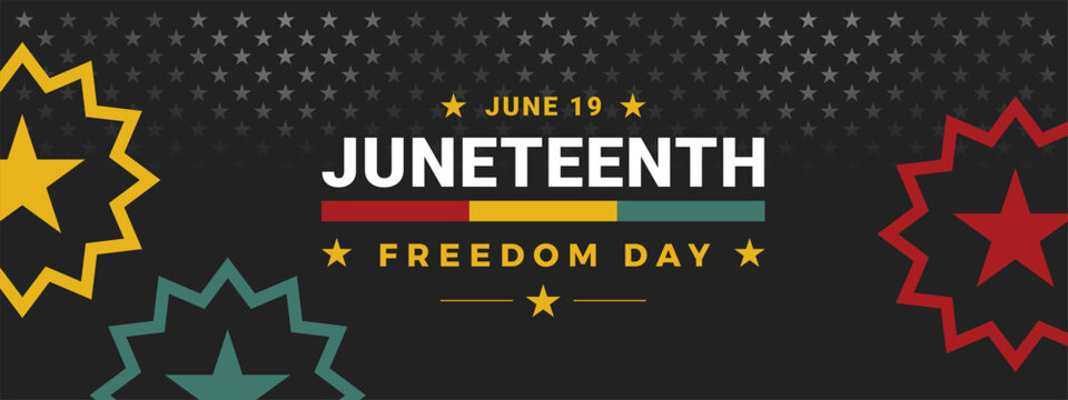 Juneteenth Freedom Day June 19 Background Design with Juneteenth flag star, Pan African colors, American flag stars on black background. Vector illustration for wide banner, poster, greeting card