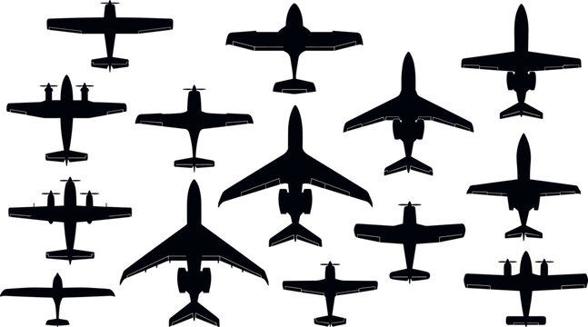 Airplane Top View Silhouette Set with Commercial Airliners Private Jets Cargo Planes and Propeller Aircraft for Airport Flight Map Vector Designs