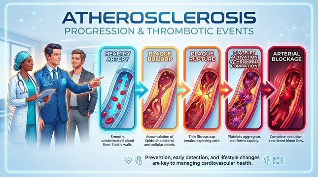 Medical infographic depicting atherosclerosis progression and events  