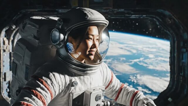 Astronaut floats by spacecraft window and observes Earth from space