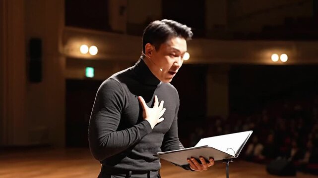 Actor performs a monologue on stage in front of an audience in a theater setting during the evening event