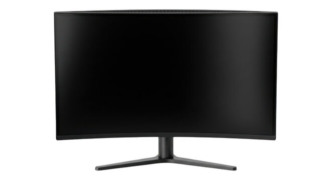 A sleek black curved computer monitor on a stand isolated on transparent background