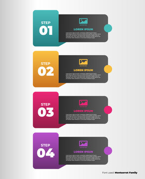 Modern infographic timeline template with four steps and colorful geometric ribbon banners with dark text boxes