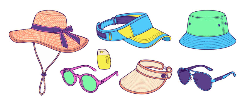 Summer beach accessories vector set featuring colorful straw sun hats, retro sunglasses, active visors, bucket hat, and sunblock bottle isolated on white for vacation holiday fashion design graphics.