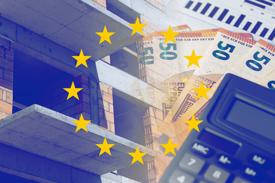 European construction regulations and building costs concept. EU flag overlay with unfinished building euro banknotes and calculator. Housing investment compliance and project budgeting background.