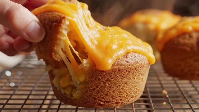 Freshly baked corn muffin topped with cheese from a kitchen in the morning hours