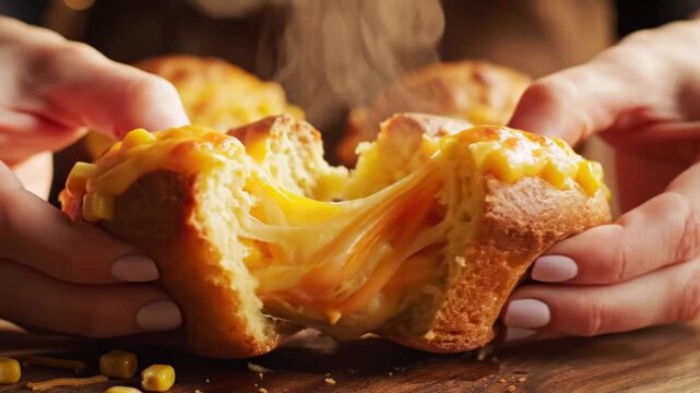 Freshly baked corn muffin with golden crust on a wooden table in the kitchen at home