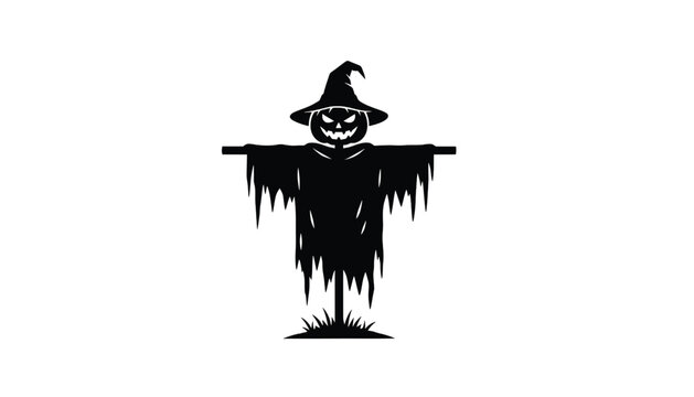 Scarecrow Character in Witch Hat Silhouette with Dripping Edges and Jack-O-Lantern Smile, Halloween Spooky Icon