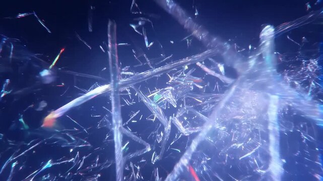 Slow motion closeup of glass shards exploding and scattering in dark studio void with iridescent reflections and glowing light tracking pan dolly movement
