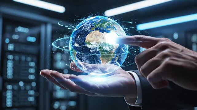 Human hand holds holographic globe in digital space showing Earth's continents and oceans in a modern setting