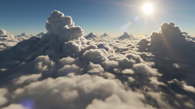Natural endless cumulus clouds shine under sunlight at high altitude in clear sky