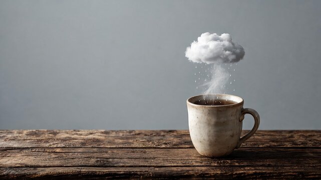 Whimsical miniature white raincloud hovering and raining into rustic ceramic mug on wooden table in soft studio