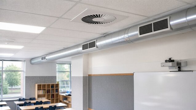 Modern ventilation system installed in a school classroom ceiling. Metal ductwork and air diffuser providing climate control. Infrastructure for air quality and comfort in an educational facility.