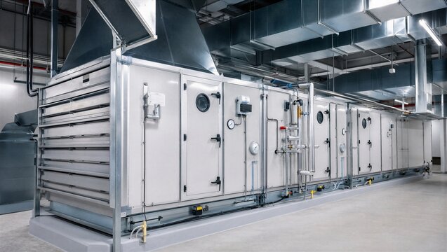 Large industrial air handling unit installed in a warehouse facility. Modern HVAC ventilation system with metal ductwork for climate control in commercial or industrial building interiors.