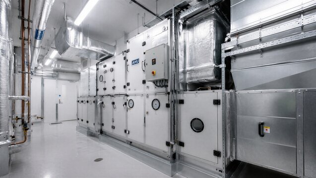 Industrial air handling unit installed in a mechanical plant room. Modern ventilation system with metal ductwork and control panels. Climate control equipment for building engineering.