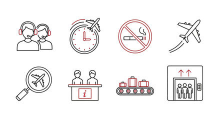 Fototapeta premium Air travel, transportation, icons set, 8 elements, line style, red accents, commercial use