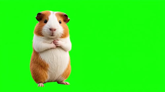 Realistic 3D guinea pig placing both hands on heart in a deeply moving gesture of gratitude, trust, sincere corporate promise, heartfelt care concept isolated on chroma key green screen background