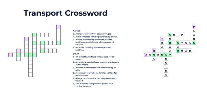 Interactive transport crossword puzzle printable with complete answers on a transparent background for schools, digital downloads, worksheets, and table games