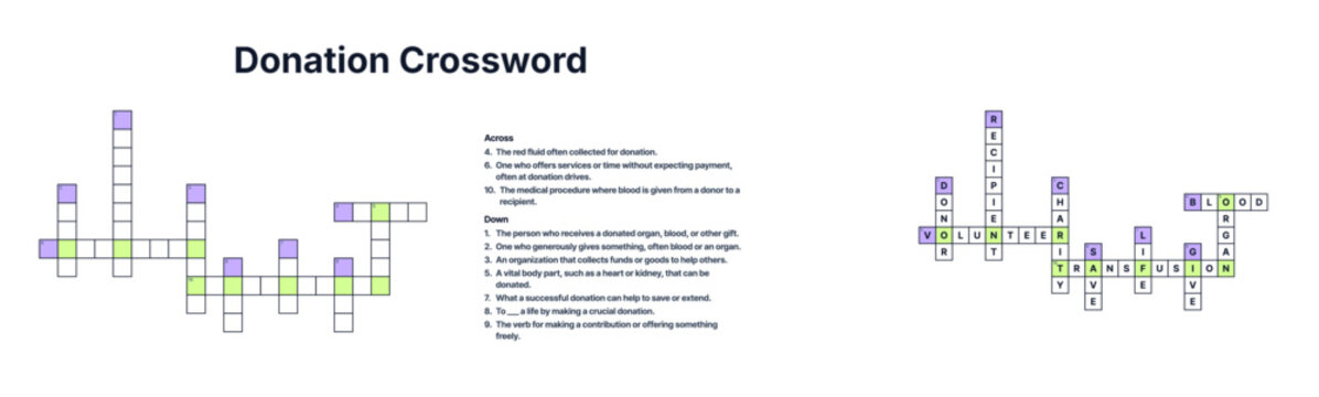 Ready-to-use donation crossword printable with answer sheet perfect for volunteer training, websites, publications, and table games.