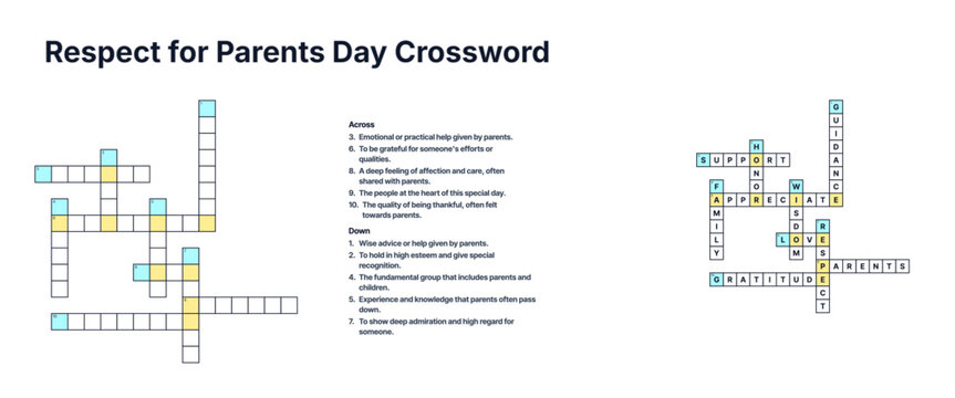 Respect for Parents Day crossword puzzle printable with answers on a transparent background for family activities, educational websites, greeting cards, and table games.