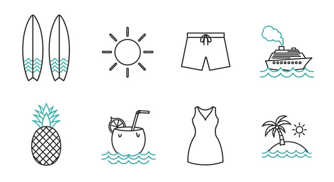 Summer vacation icons, beach symbols, travel illustrations, tropical getaway graphics, 8 black and white line art elements