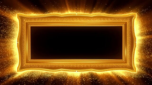 Slow motion static shot of ornate gold picture frame glowing and emitting particles on dark gallery backdrop with radiant golden light