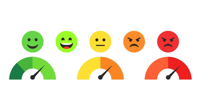 Emotion gauges, colorful emoticons, mood meters, vector icons, emotions, feelings, gauge charts